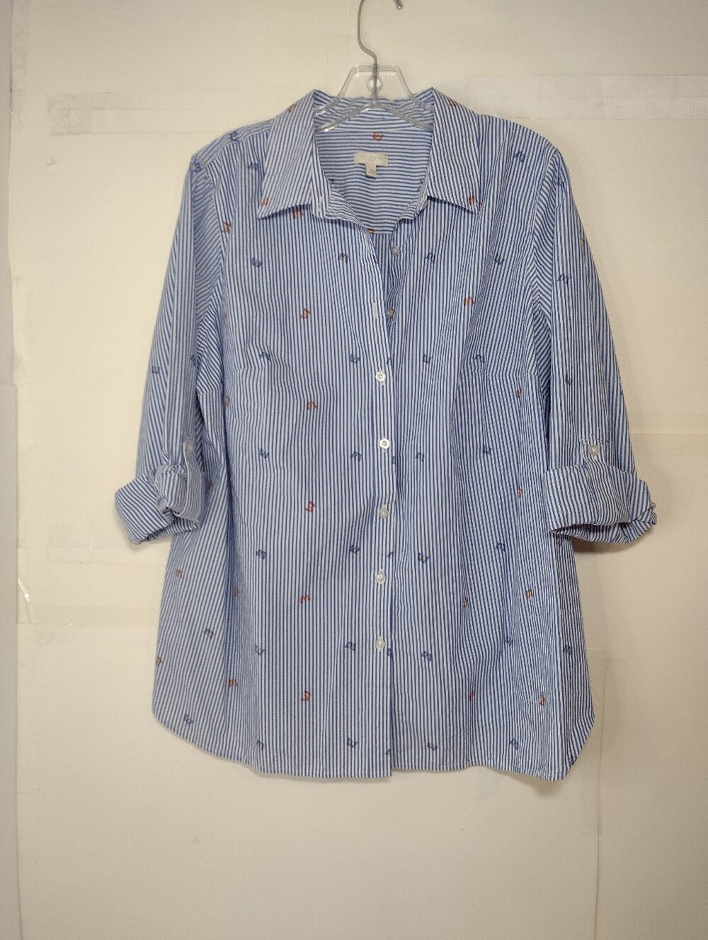 Talbots Women's Blue and White Striped Button-Down Shirt with Embroidery